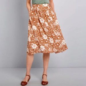 MODCLOTH Size S Brown & White Floral Midi Skirt with Pockets